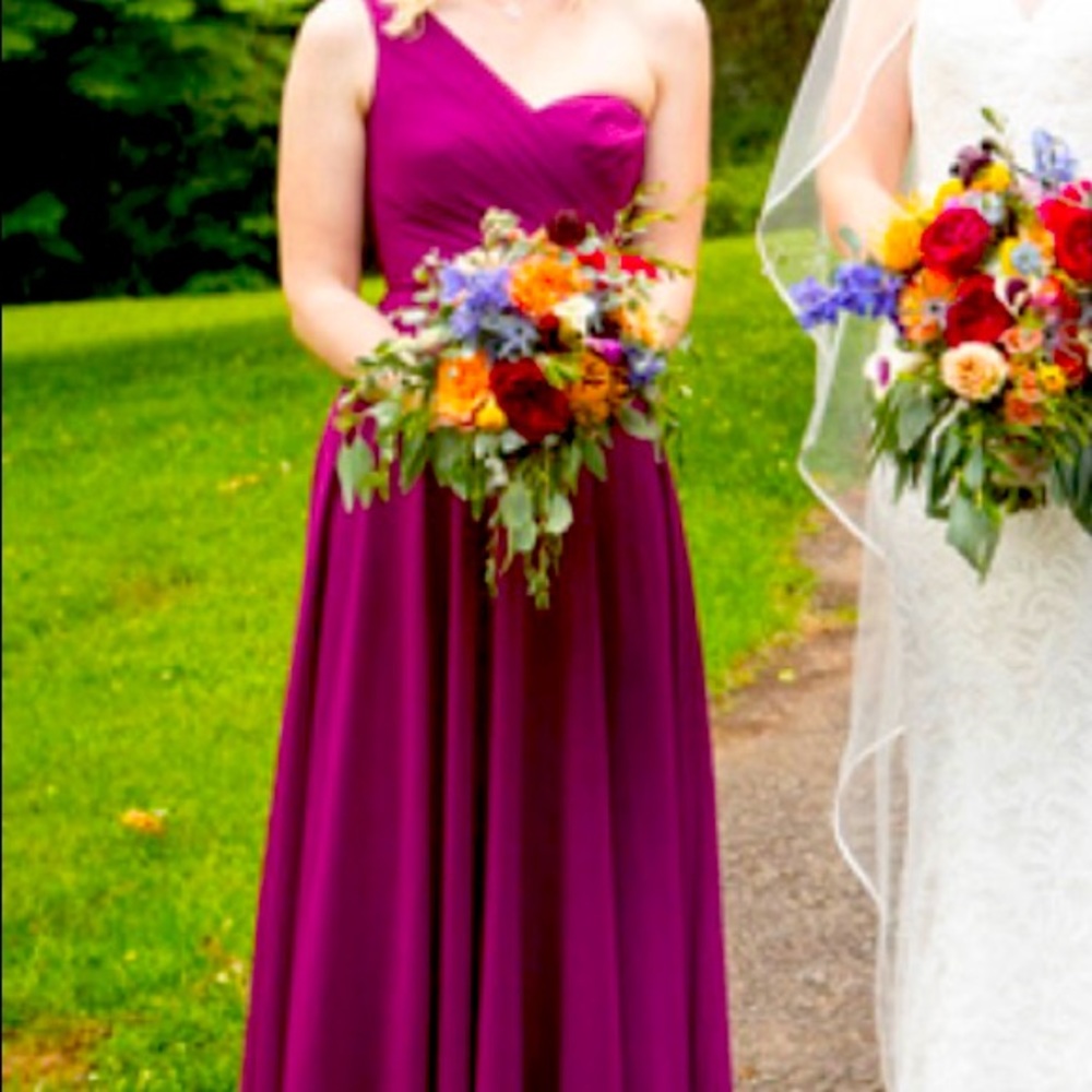 David’s bridal, sangria one shoulder dress